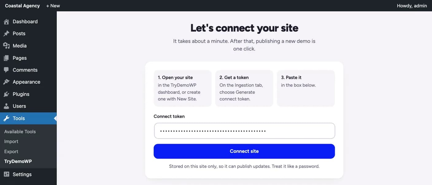 The TryDemoWP connect screen in wp-admin: three short steps, a connect token field and a Connect site button.