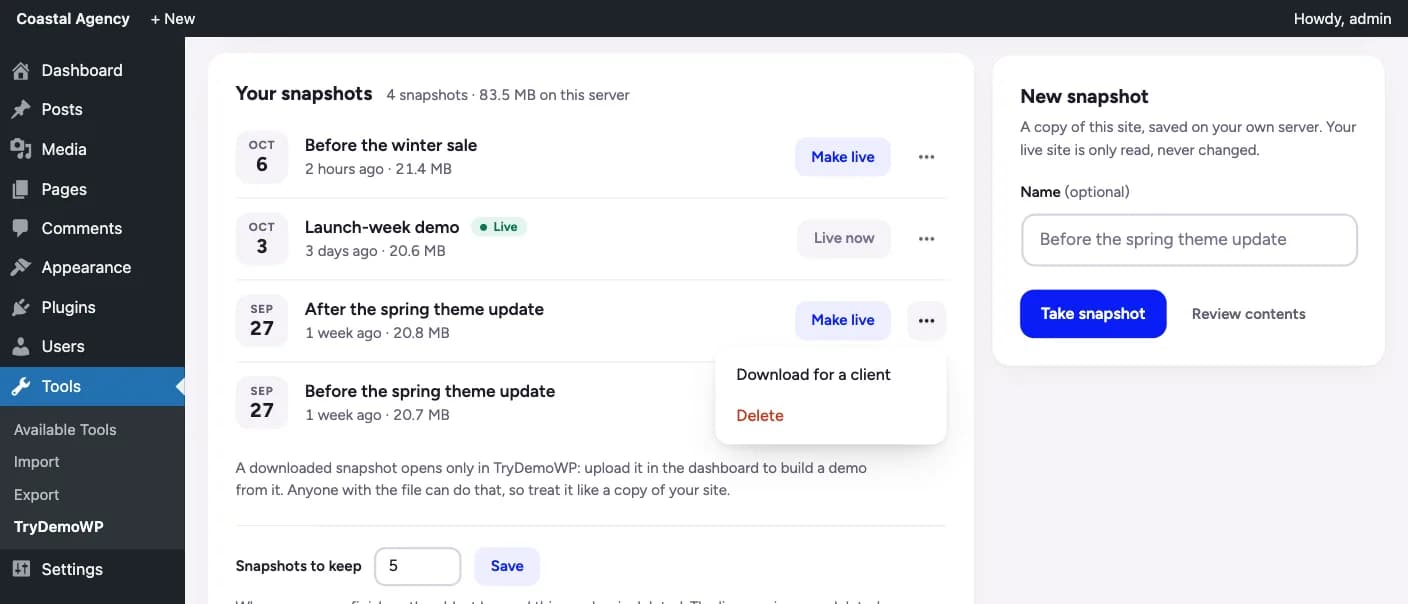 The snapshot list in wp-admin, one marked live, others with Make live and a menu offering Download for a client and Delete.