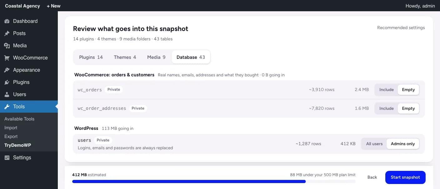 Reviewing what goes into a snapshot: WooCommerce order tables set to Empty, users set to Admins only, 412 MB estimated against a 500 MB plan limit.